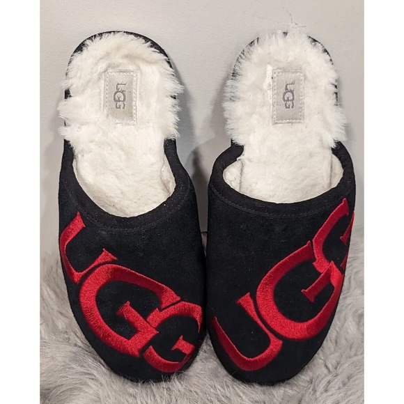 UGG Scuff Logo Black Red Suede Sheepskin Slip On Round Toe Slippers Men’s Size 9 - Picture 1 of 9